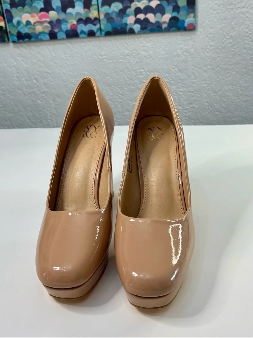 New York & Company Nude Patent Platform Block Heels